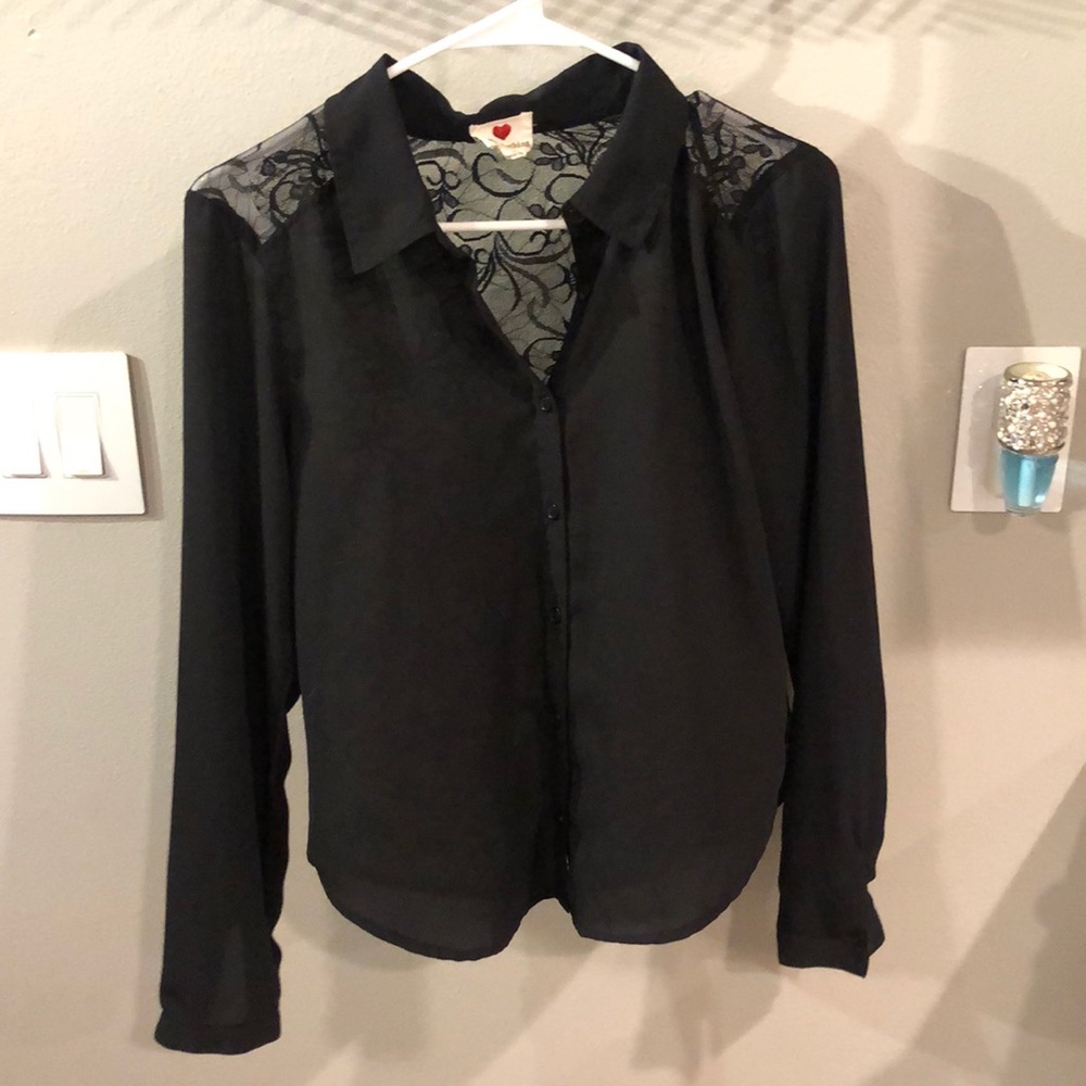 Black button up blouse with see-through back
